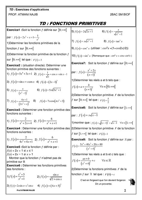 Fonctions Primitives Serie D Exercices Prof Atmani Najib Td