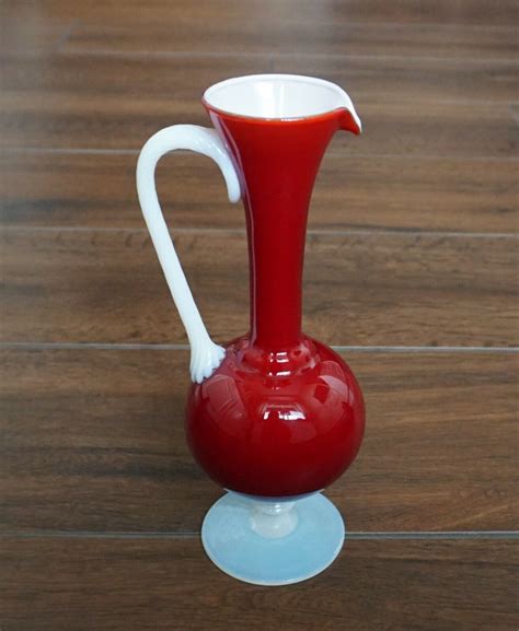 Tischvase Henkel Vase Glas Rot Wei Milchglas Retro Vintage Blumenvase