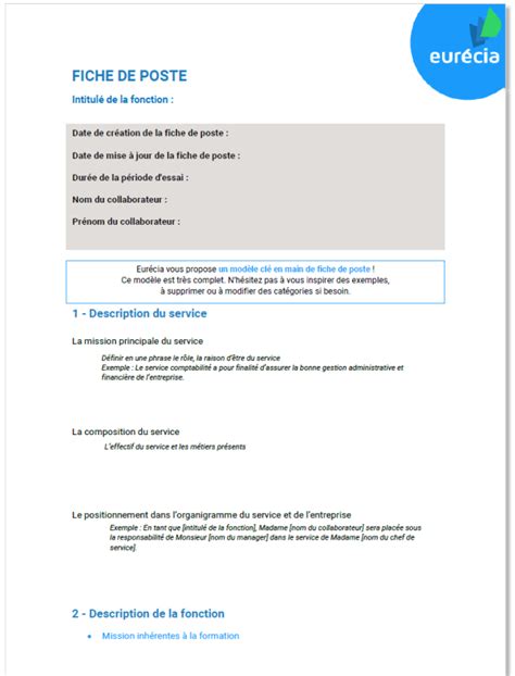 Mod Le De Fiche De Poste Exemple Et Conseils Teste Suas Habilidades