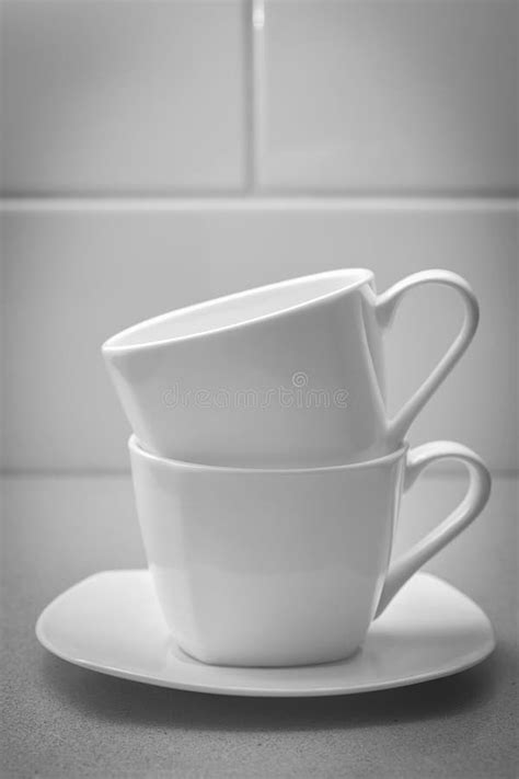 Two White Coffee Mugs In Black And White Stock Photo Image Of Space