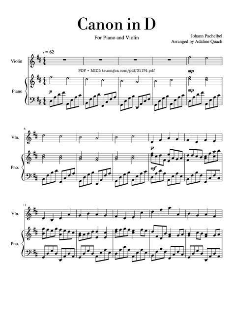[Sheet] Canon in D major Piano Violin PDF, chords Piano, mp4/midi