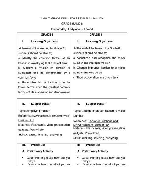 Multi Grade Detailed Lesson Plan In Math Lomod Lady Ann S A Multi