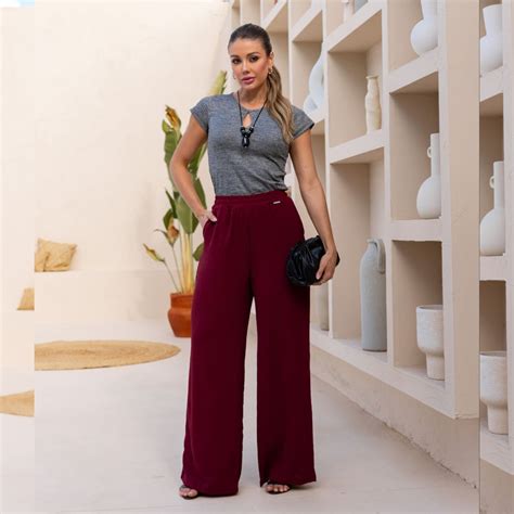 Calça Pantalona Wide Leg - Calça Jéssica Pantalona Wide Leg Bordô - LudiK Moda