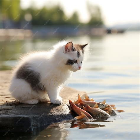 Premium AI Image | White RoundFaced Kitten Eating Fish by Jinji