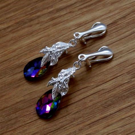 Sterling Silver Dangle Clip On Earrings Non Pierced Ears Earrings With Swarovski Crystals Etsy