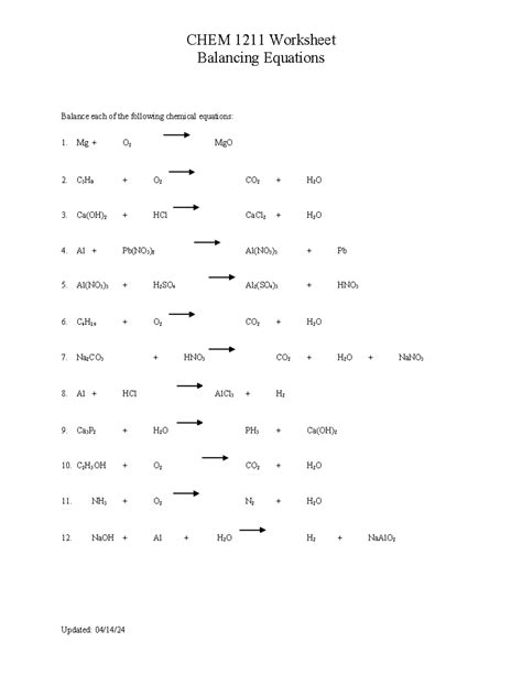 Balancing Equations Worksheet 1 Chem 1211 Worksheet Balancing Equations Balance Each Of The