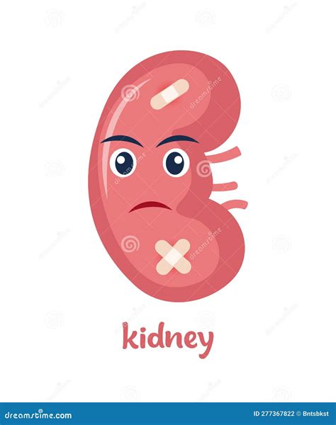 Sick Kidney with Pain Ache or Disease. Sad Cartoon Character Kidney