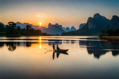 Premium Photo | A couple fishing in a boat at sunset