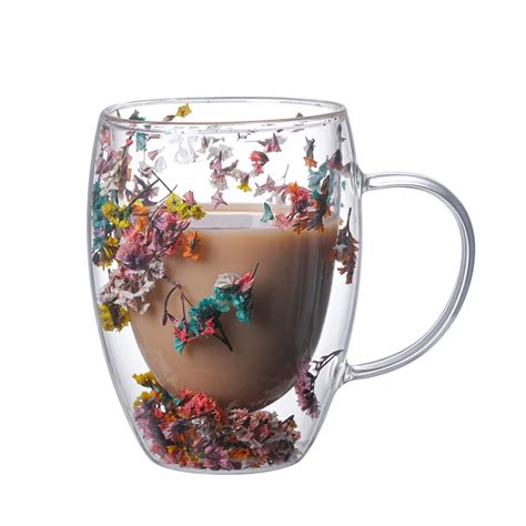 1 Piece Lovely T Creative Double Wall Glass Mug Cup With Dry Flower