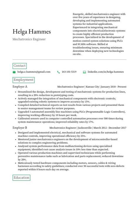 Mechatronics Engineer Resume Cv Example And Writing Guide