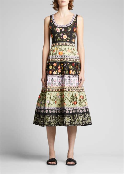 Alice Olivia Arya Embroidered Scoop Neck Tiered Midi Dress Bergdorf