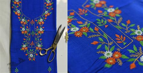 Hand Embroidery Kurti Fabric In Blue Color