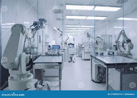 Cleanroom With Robotic Arms And Hands Working On Delicate Electronic