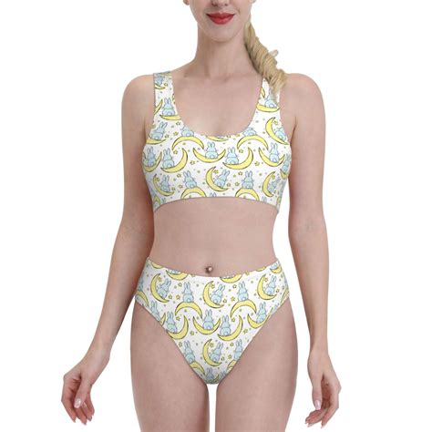Logiee Moon And Rabbit Print Women S Piece Bikini Set Halter Bathing Suit High Waisted Bikini