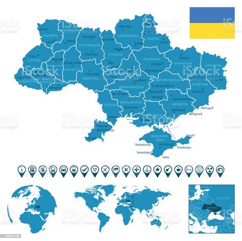 ウクライナ 都市地域世界地図と地球上の位置と詳細な青い国の地図インフォグラフィックアイコン アイコンのベクターアート素材や画像を多数ご用意