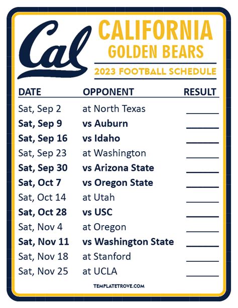 Printable 2023 California Golden Bears Football Schedule