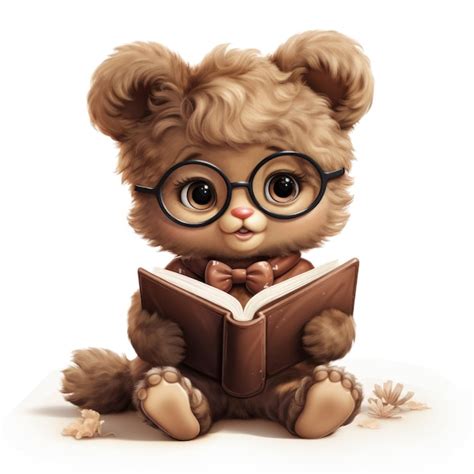 Cute Teddy Bear Reading A Book Watercolor Illustration Premium Ai