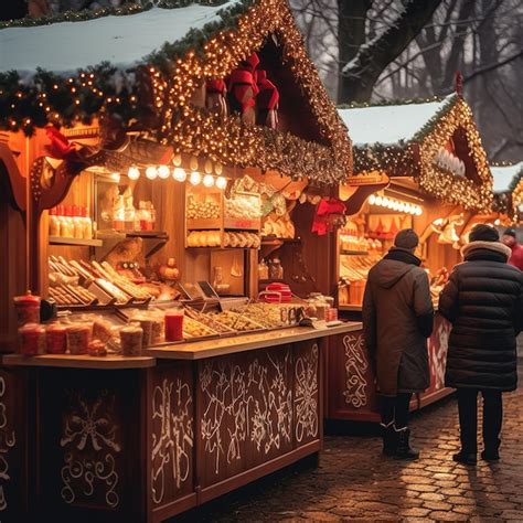 Premium AI Image Christmas Market With Wooden Stalls And Festive Treats