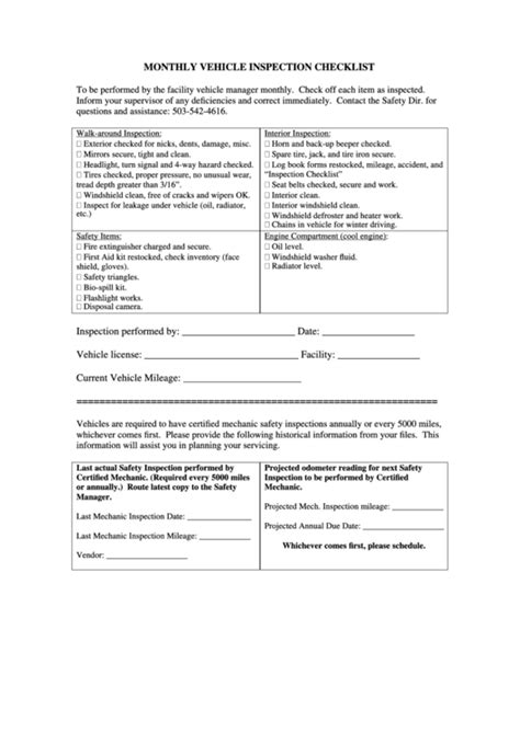 Monthly Vehicle Inspection Checklist Template Printable Pdf Download