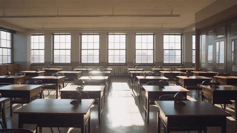 Classroom With Rows Of Desks And Chairs Arranged In An Organized Manner Creating A Cinematic