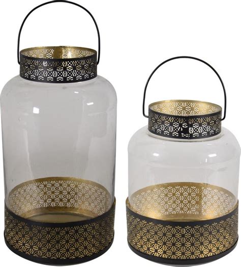 Set Van 2x Lantaarns Windlichten Zwart Goud Arabische Stijl 28 En 37 Cm