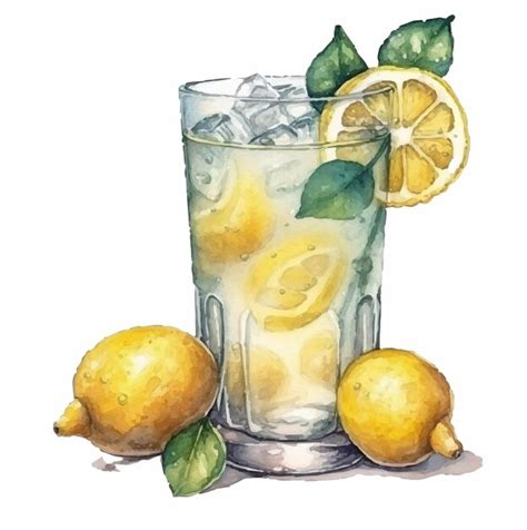 Ilustração em aquarela de um copo de limonada rodelas de gelo e