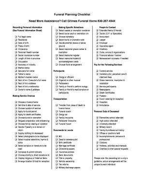 Printable Funeral Planning Checklist Fill Online Printable Fillable