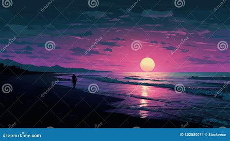 Romantic Sunset Beach Illustration in Sza Style with Pixel Art Stock ...