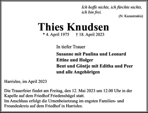 Traueranzeigen Von Thies Knudsen Sh Z Trauer