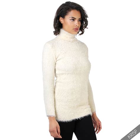 Womens Fluffy Knit Polo Roll Up Turtle Neck Jumper Pullover Ladies Long