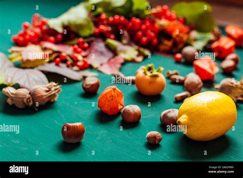 autumn background red yellow leaves nuts fruit stock photo alamy
