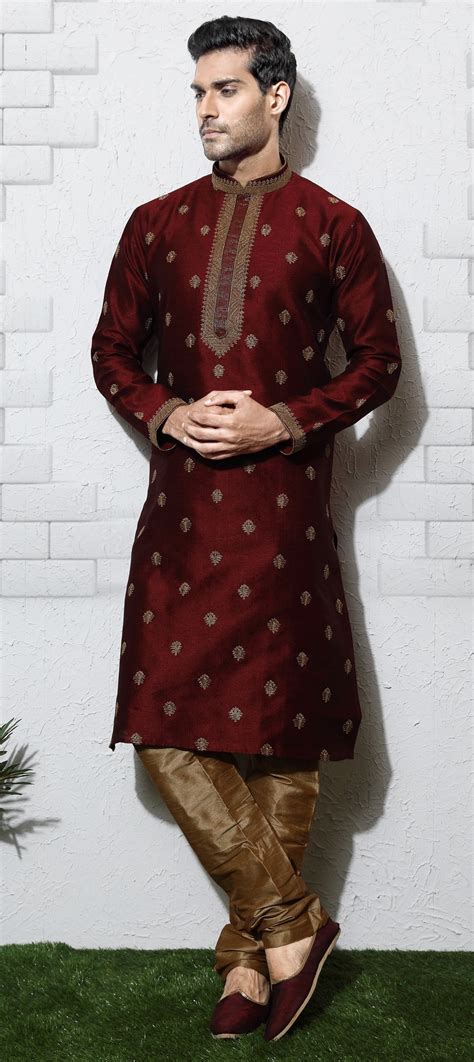 Red And Maroon Color Art Silk Fabric Kurta Pyjamas