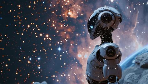 Premium Photo | Robot looking into space background of stars and ...