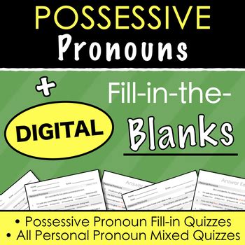 POSSESSIVE PRONOUNS Fill In The Blanks Activities Digital And Print