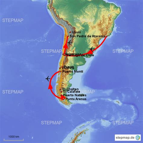 StepMap Reiseroute Chile Landkarte für Chile