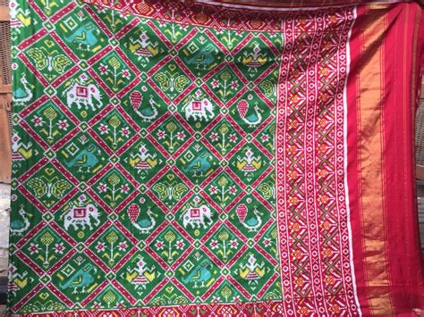 Madhvi Handicrafts Green Red Nari Kunjr Design Double Ikat Patan Patola