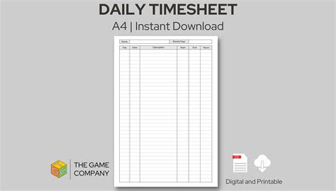 Daily Time Sheet Log Printable Daily Timesheet Log A4 Size Digital ...