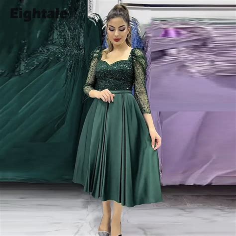 Eightale Dark Green Evening Dress Satin Long Sleeves Customized Sequin