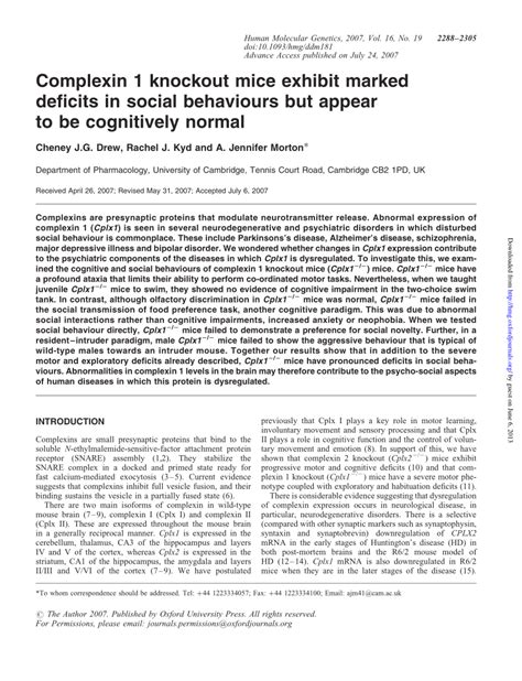 PDF Complexin 1 Knockout Mice Exhibit Marked Deficits In Social