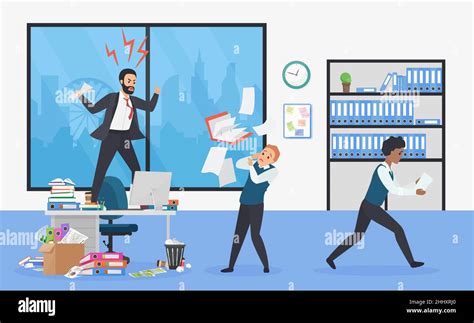 Angry Boss Stay On Office Table Flat Vector Illustration Frightened