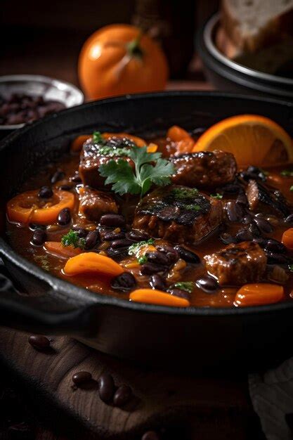 Guisado de carne de porco chouriço e feijão preto servido