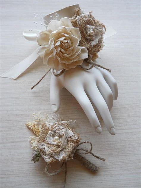 Burlap Sola Flower Wedding Wrist Corsage And Or Boutonniere For