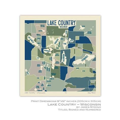 Lake Country Wisconsin Art Map Print Waukesha County By James Steeno Delafield Oconomowoc