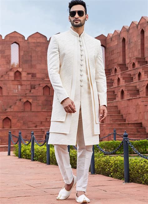 Shop Cream Art Silk Embroidered Indowestern Sherwani Wedding Wear