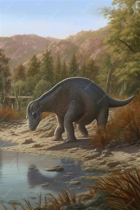 Ilustración Realista De Un Iguanodón Vagando Por El Prístino Paisaje Prehistórico Generado Por