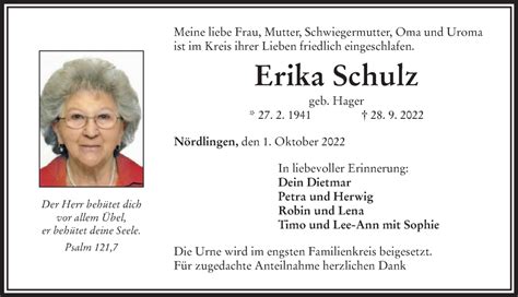 Traueranzeigen Von Erika Schulz Augsburger Allgemeine Zeitung