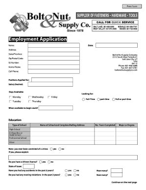 Fillable Online BEmployment Applicationb Bolt Nut Supply Co Fax