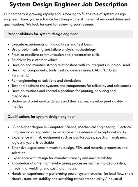 System Design Engineer Job Description Velvet Jobs