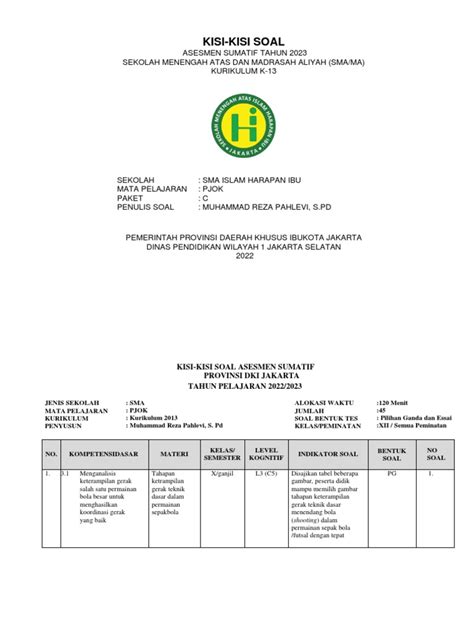 Kisi Kisi Asesmen Sumatif Pjok Sma Hi 2023 Pdf