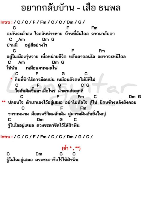 คอร์ดเพลง อยากกลับบ้าน เสือ ธนพล คอร์ดเพลงง่ายๆ Lenguitar